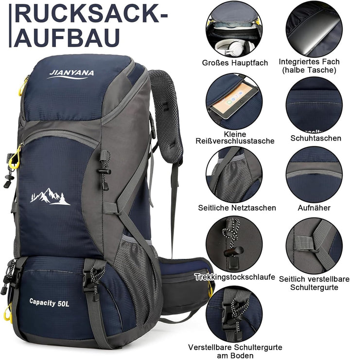 jianyana Wanderrucksack 50L Trekkingrucksack Regenhülle Reiserucksack Wasserdichter Campingrucksack