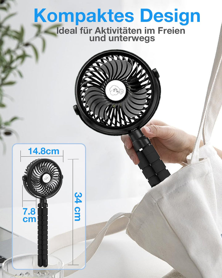 Verbesserte Kinderwagen-Ventilatoren 5200mAh Akku, Leise USB Ventilator mit 3 Stufen & 360° Verstell
