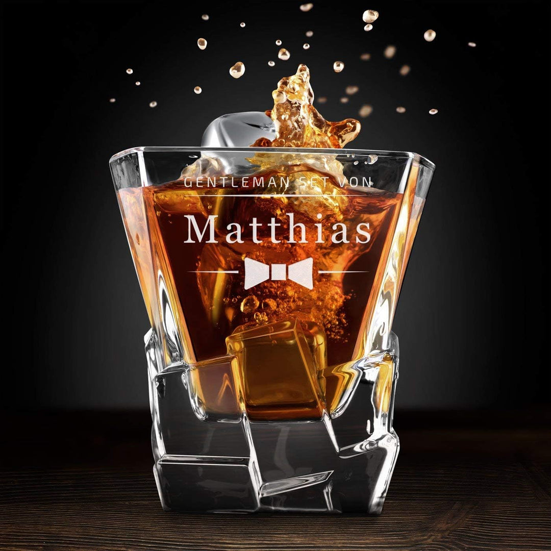 Maverton Whisky Steine Set - in Holzbox mit Gravur - 8 Eiswürfel + 2 Whisky Gläser + Zange + Samtbeu