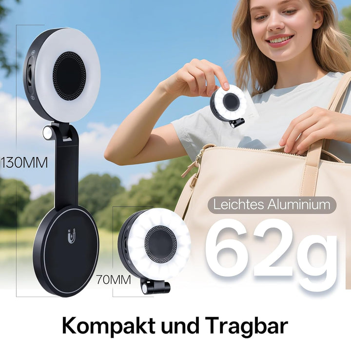 Magnetisches Selfie Licht Handy, Handylicht mit 3 Farbtemperaturen 2500k-9000k, 360° LED Ringlicht H