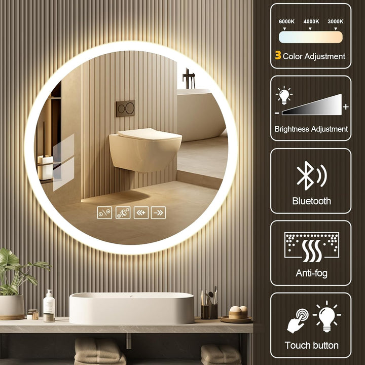Badspiegel mit Beleuchtung mit Bluetooth Lautsprecher 60x60cm,Runden LED Badezimmerspiegel mit Entfo