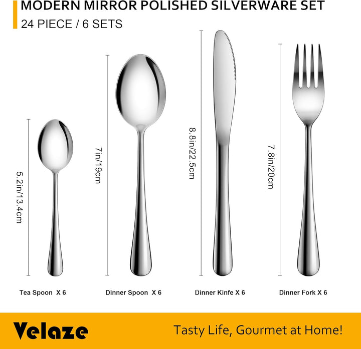 Velaze Besteck Set 6 Personen aus Premium-Edelstahl, Besteckset mit Schöner Geschenkbox, Spiegelpoli