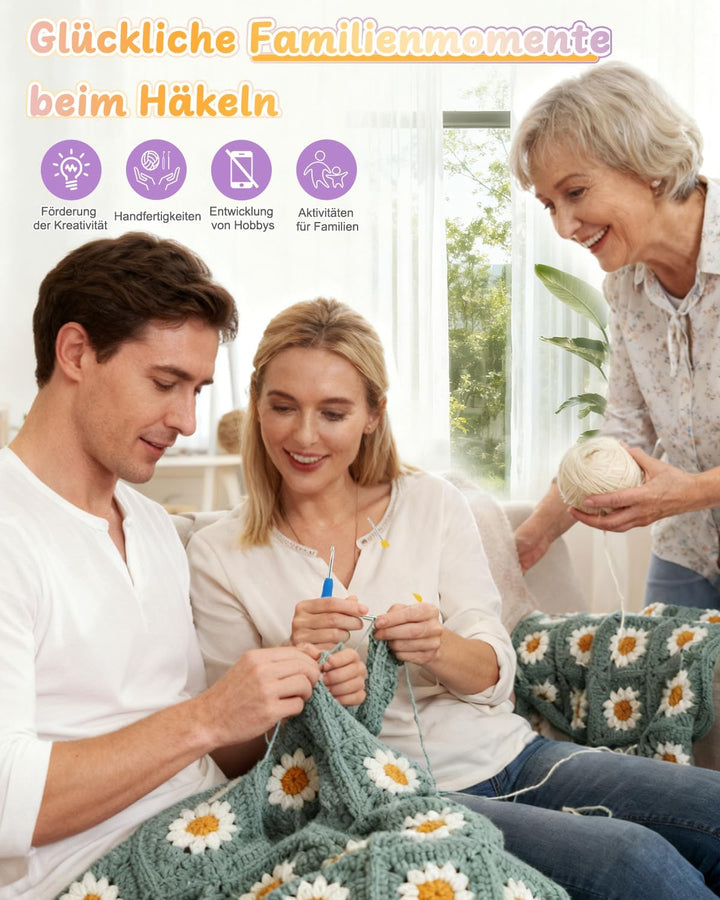 Coopay Granny Square Häkelset für Anfänger, Häkelset für Gänseblümchen Decke, Komplett Häkelset mit