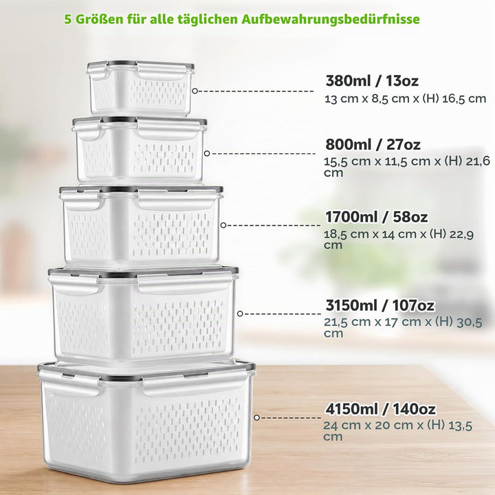 5er Set Frischhaltedosen Kunststoff für Obst Gemüse mit Deckel und Sieb | Stapelbare Kühlschrank Auf