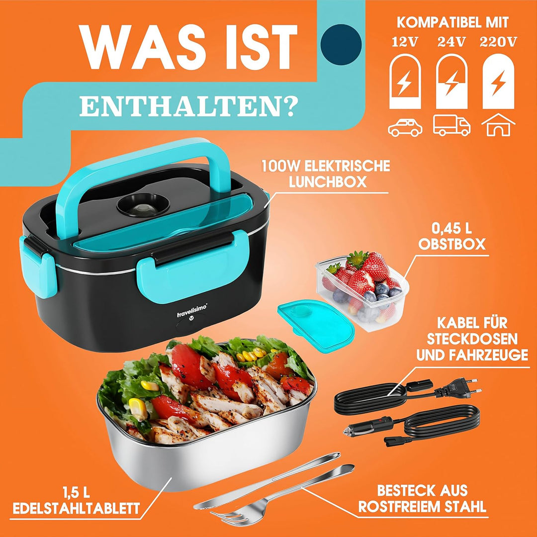 TRAVELISIMO Elektrische Lunchbox 80W Beheizbare Lunchbox, 1,5L Heat Box 3-in-1 Electric Lunch Box, W