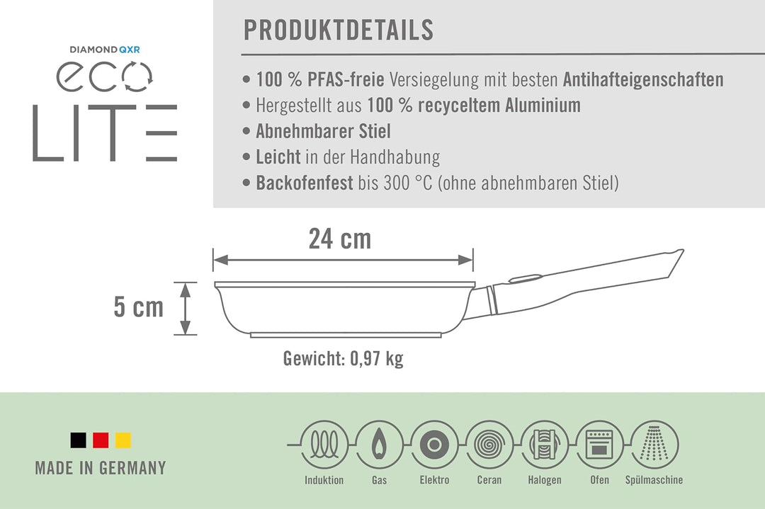 Woll Eco Lite QXR Flachpfanne - Induktiv - Ø 24 cm, 5 cm hoch, mit abnehmbarem Stiel - Geeignet für