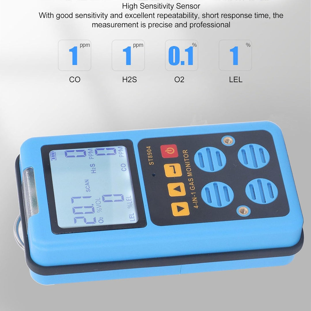 4-in-1-Gasdetektor, Multi-Gas-Monitor, CO H2S O2 LE Gasanalysator, Erdgastester, Alarm, Hintergrundb
