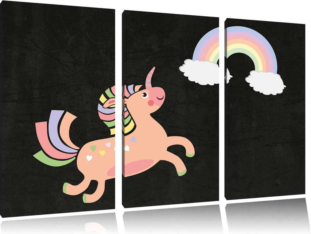Pixxprint Flauschiges Einhorn mit Regenbogen schwarz 3-Teiler Leinwandbild 120x80 Bild auf Leinwand