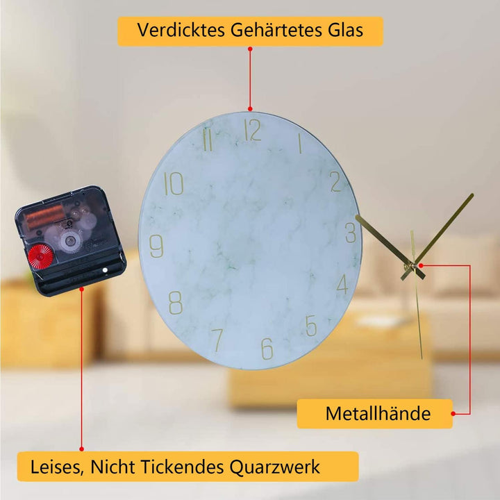 VIKMARI Glas Wanduhr, 30 cm Leise Nicht Tickend Batteriebetriebene Marmor Wanduhren, Runde Vintage G