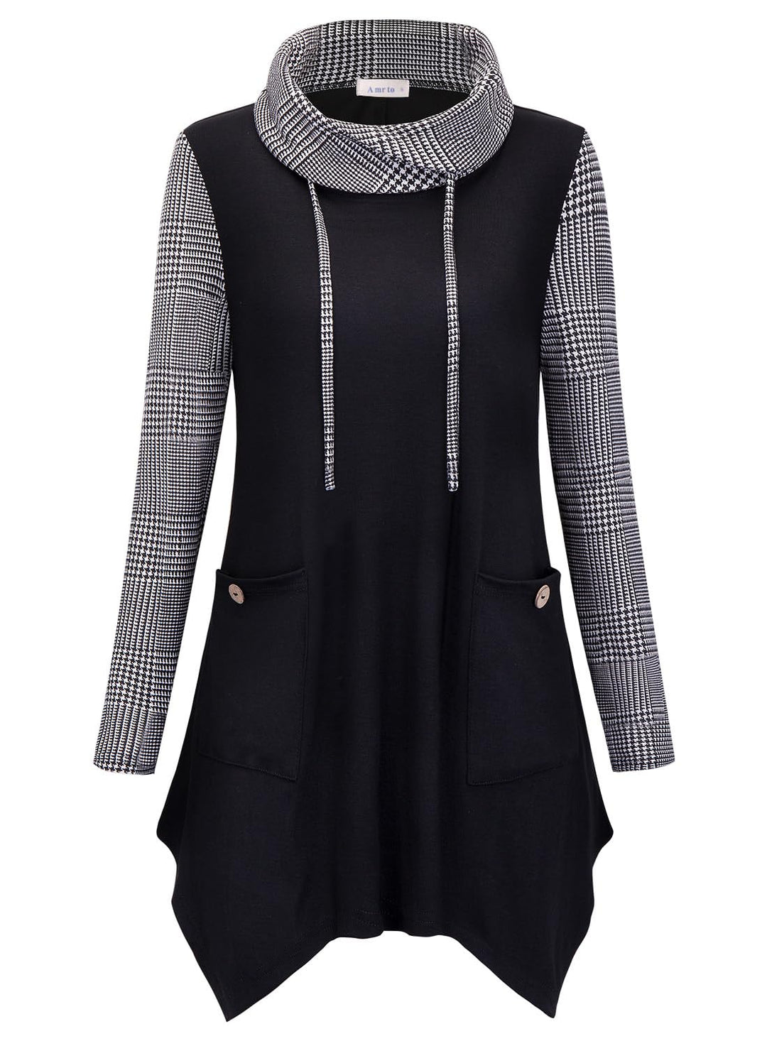Amrto Damen Tunika Tops Turtleneck Langarm Shirts Bluse Hemd Pullover Mit Taschen, Hahnentritt