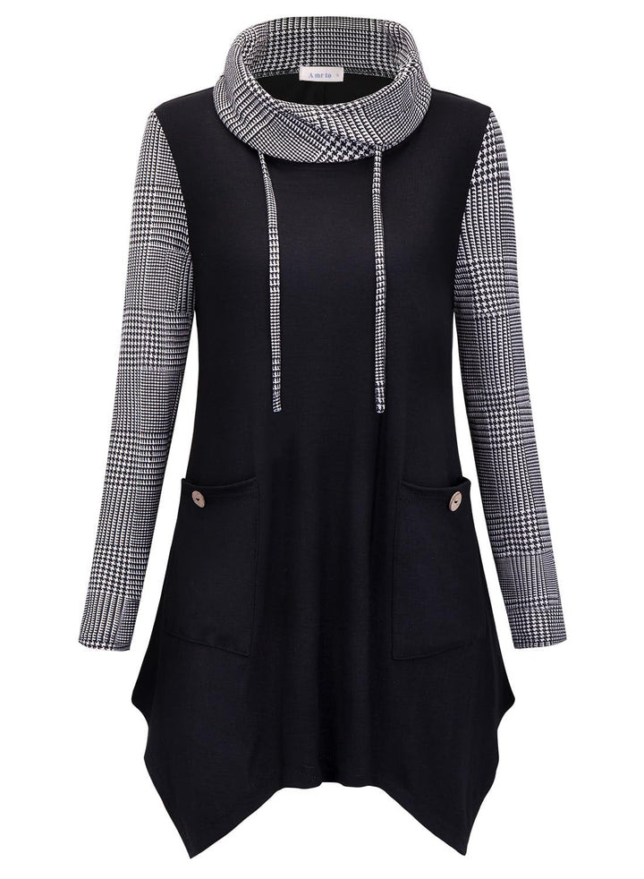 Amrto Damen Tunika Tops Turtleneck Langarm Shirts Bluse Hemd Pullover Mit Taschen, Hahnentritt