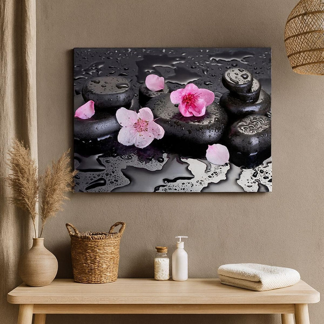 Bilder auf Leinwand 100x70cm Leinwandbild Blumen Steine Tropfen Spa Gross Wanddeko Bild Schlafzimmer