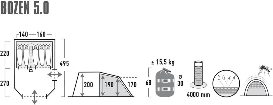 High Peak Bozen 5 Personen Familienzelt XL Tunnelzelt Festivalzelt Vorraum Gross
