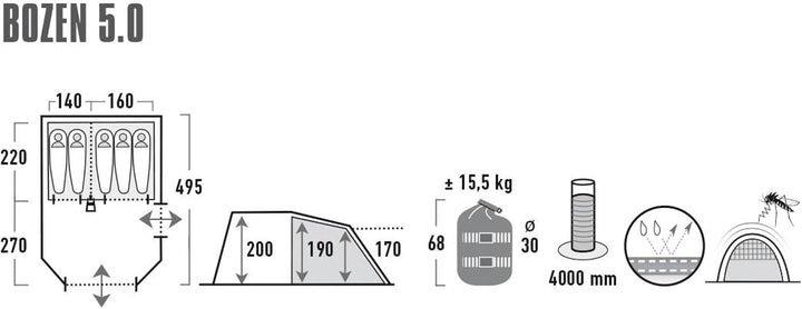 High Peak Bozen 5 Personen Familienzelt XL Tunnelzelt Festivalzelt Vorraum Gross