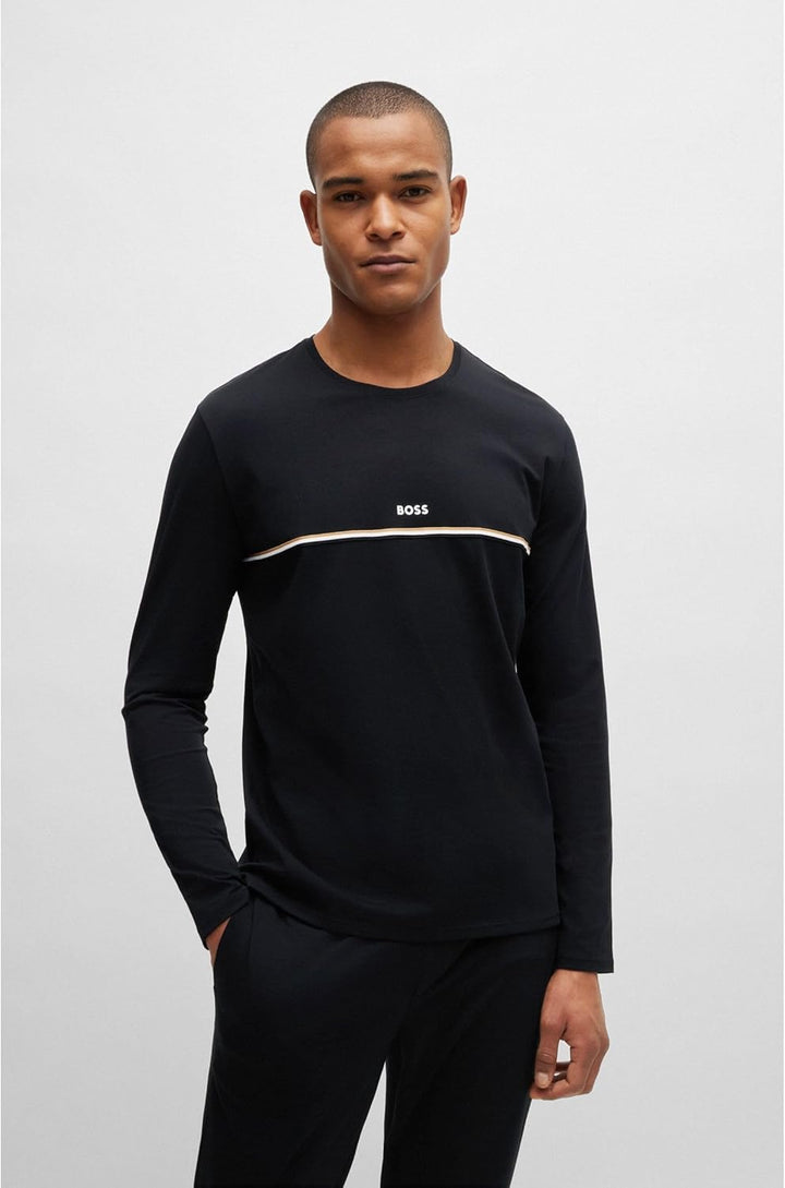 BOSS Herren Unique LS-Shirt Pyjama-Shirt aus Stretch-Baumwolle mit Signature-Streifen und Logo L Bla