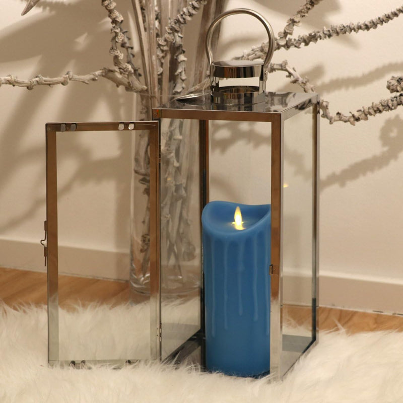 Dekovita 50cm Edelstahl-Laterne - Gartenlaterne inkl. 23cm LED Echtwachskerze Blau Wachstropfen mit