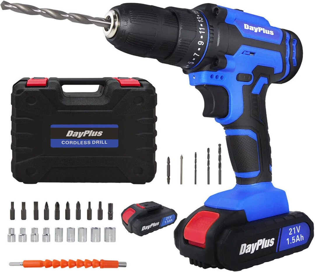 Akkuschrauber Akku Bohrmaschine 21V Professional Akku Bohrschrauber Set mit 2 Akku (1500mAh), LED-Li