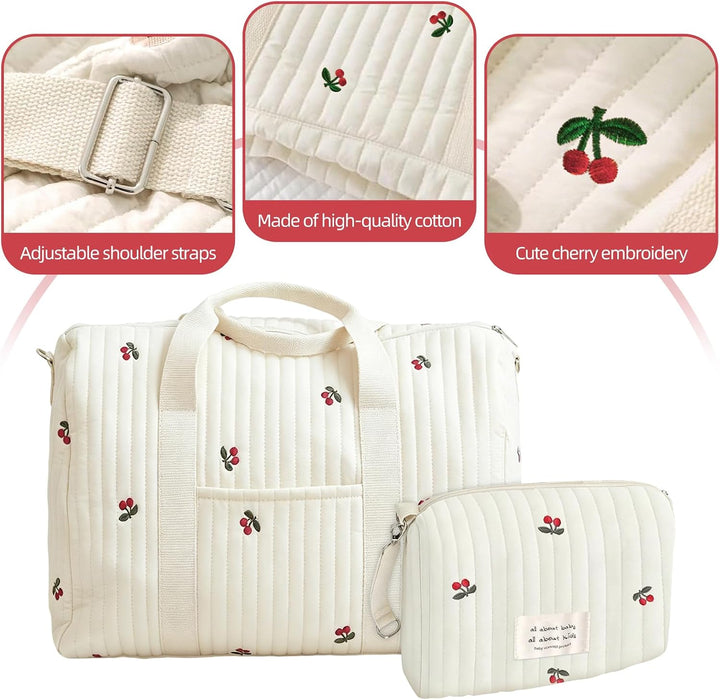 Grosse Kliniktasche Geburt Set 2-teilig, Wickeltasche Baumwolle mit Kirsch-Stickerei, Muttertasche f