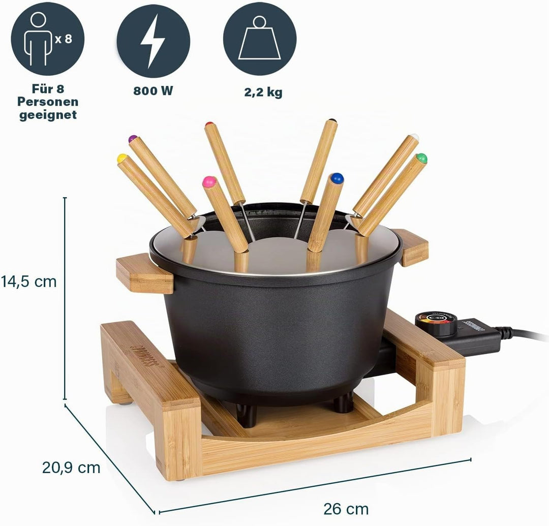 Princess Bambus Fondue Pure Black - geeignet für bis zu 8 Personen, 800 Watt, 1,5L Fasssungsvermögen