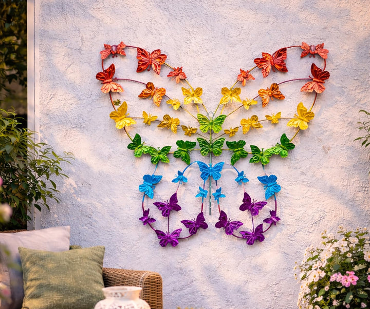 KAMACA XL Metall Schmetterling Wanddeko Bunt 50,5 x 38,5 cm für Garten Balkon Terrasse Wandfigur Far