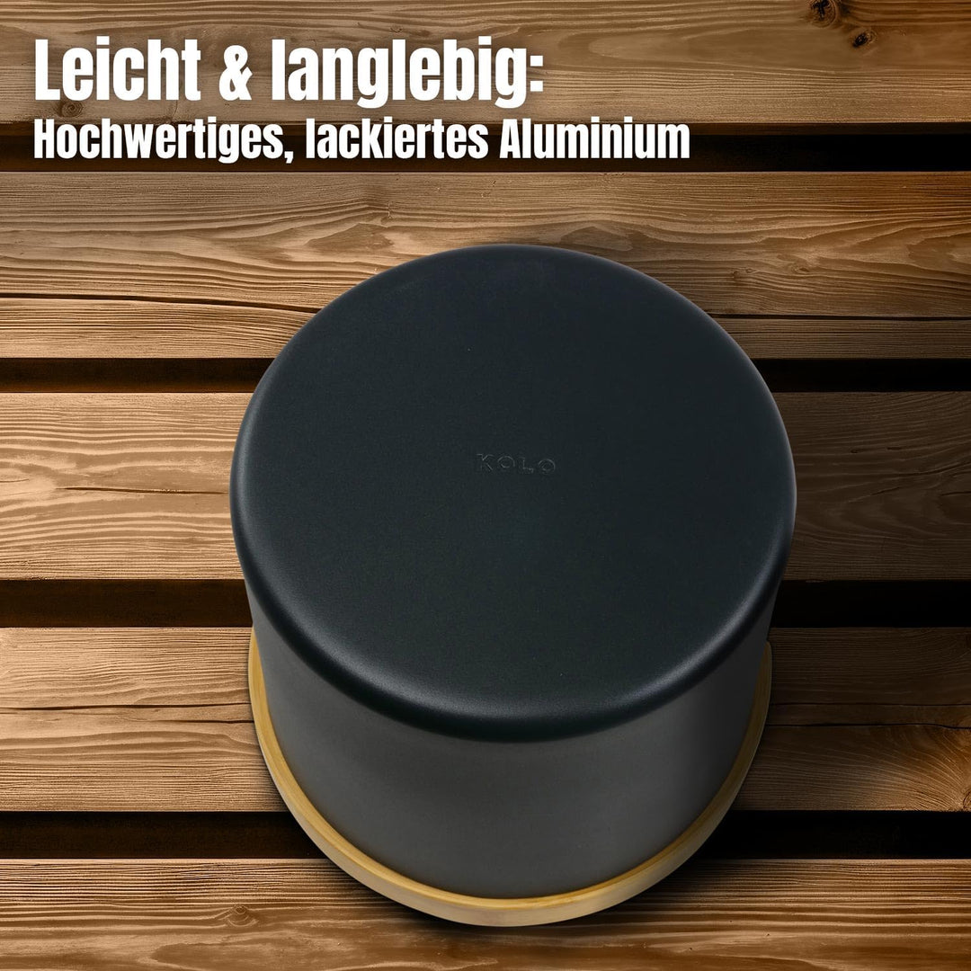 KOLO Sauna Kübel 2 & Kelle - Sauna Aufguss Set - Sauna Eimer 5 l aus Aluminium Schwarz - 300 ml Aufg