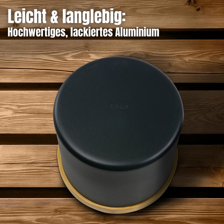 KOLO Sauna Kübel 2 & Kelle - Sauna Aufguss Set - Sauna Eimer 5 l aus Aluminium Schwarz - 300 ml Aufg