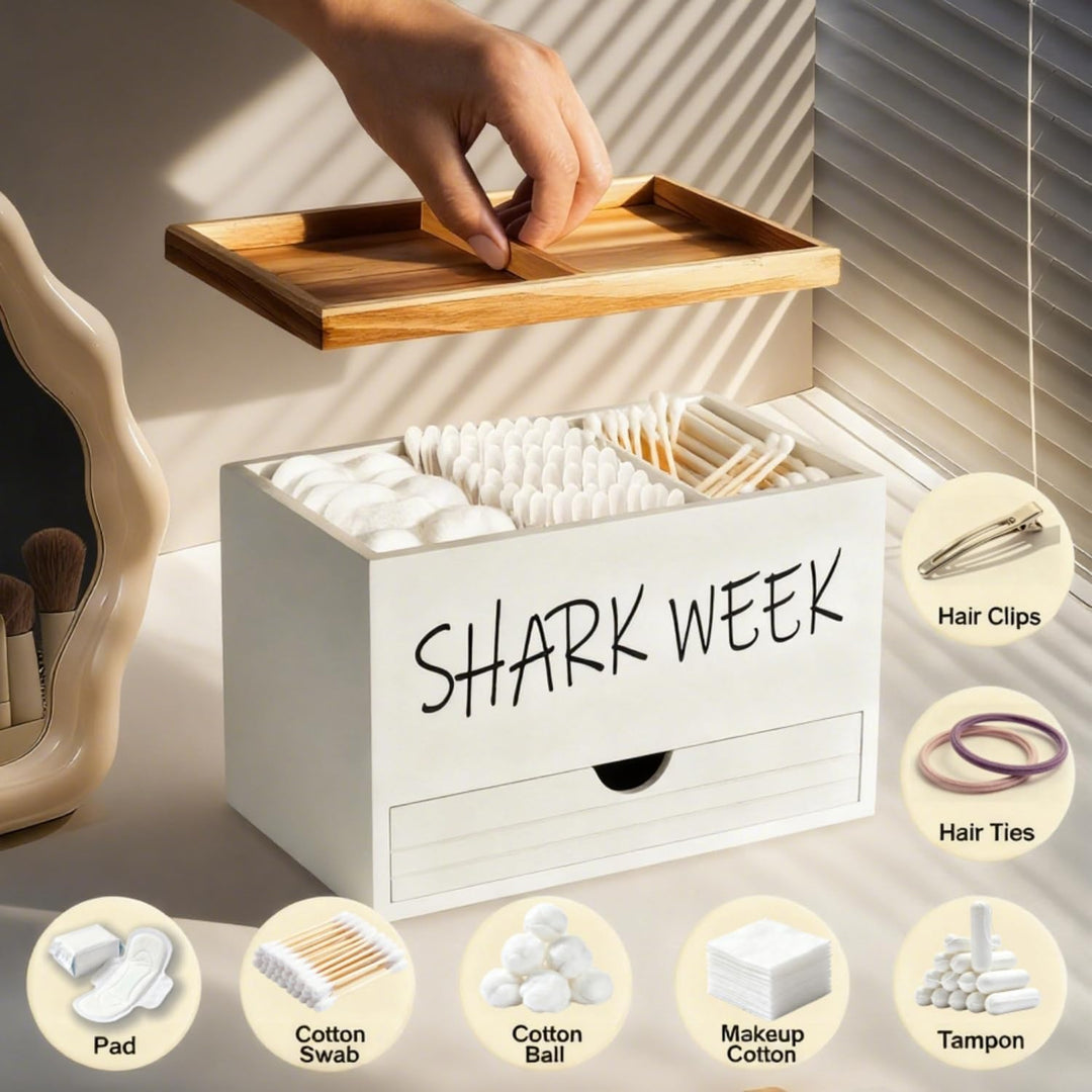 Tampon Aufbewahrungsbox 3 Fächer mit Deckel und Schublade, Badezimmer Organizer Holz Wattepadspender