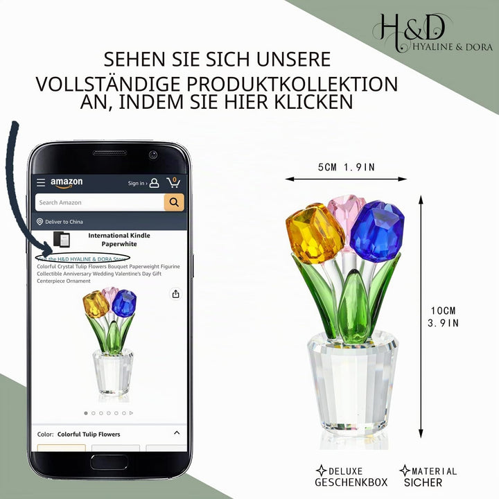 H&D HYALINE & DORA Bunte Kristall Tulpen Figur Sammlerstück, Glasblumenstrauss Briefbeschwerer, Gesc