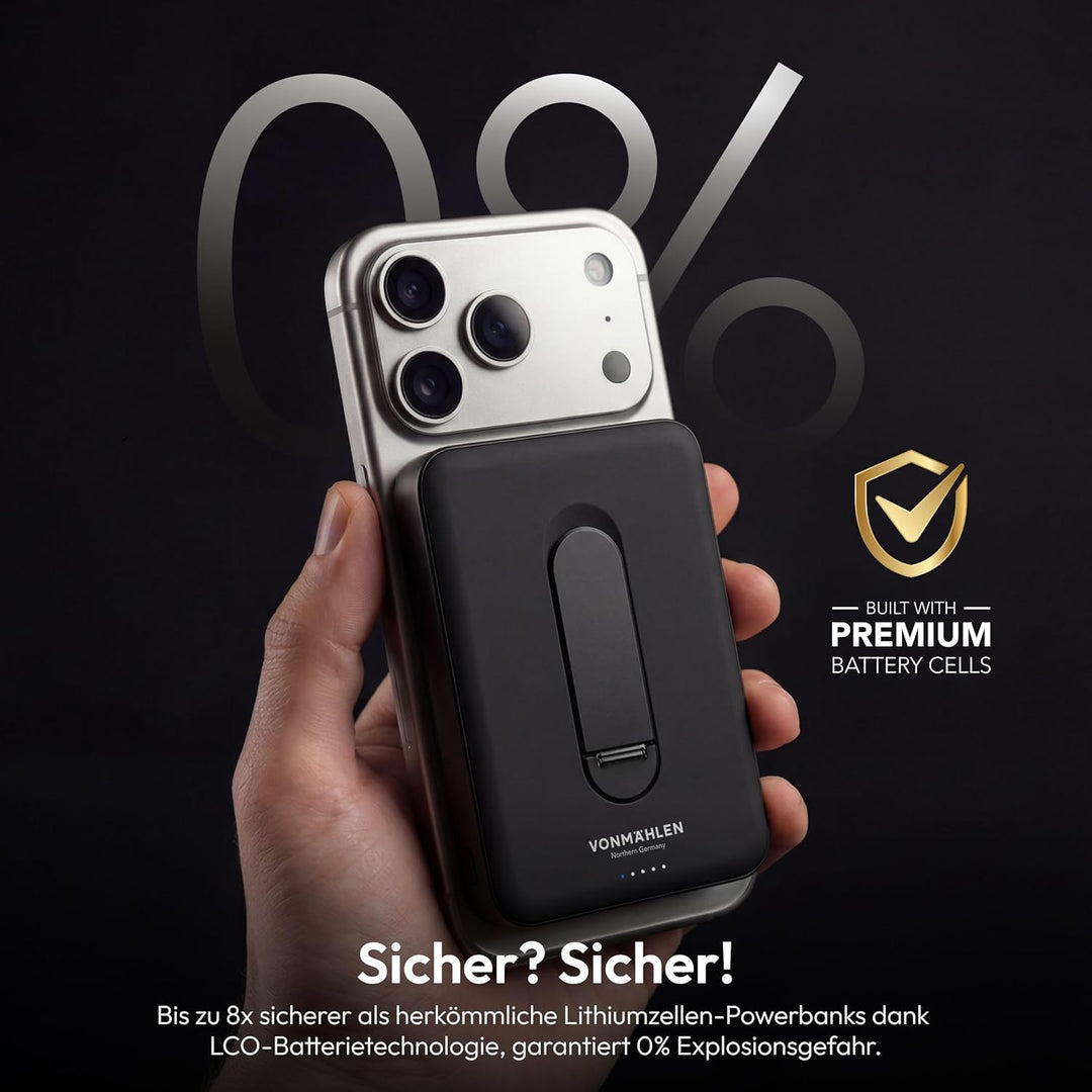 VONMÄHLEN Evergreen Mag mit Kickstand: 10.000 mAh Qi2-Powerbank kompatibel mit MagSafe – 15W kabello