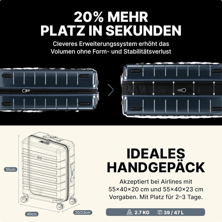 Eminent Voyager Handgepäck Koffer 55x40x20 cm, Erweiterbar, Hartschalenkoffer, 4 Rollen, Leicht, TSA