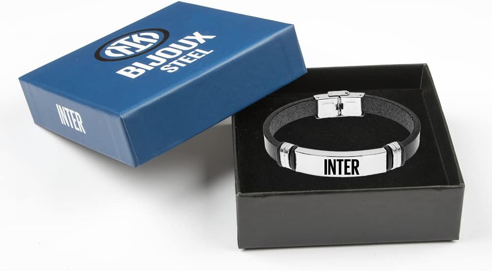 F.C. Internazionale Armband aus Edelstahl Leder, Herren, Schwarz Stahl, Taglia Unica, Edelstahl, Kei