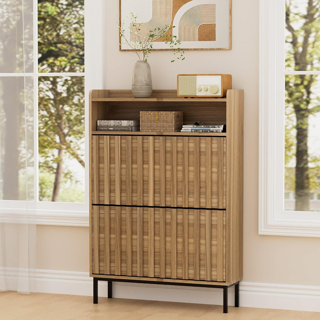 UEV Schuhschrank mit 2 Klappen Schmal, Schuhkipper für Flur Wohnzimmer, Schuhkommode mit Kippschutz,