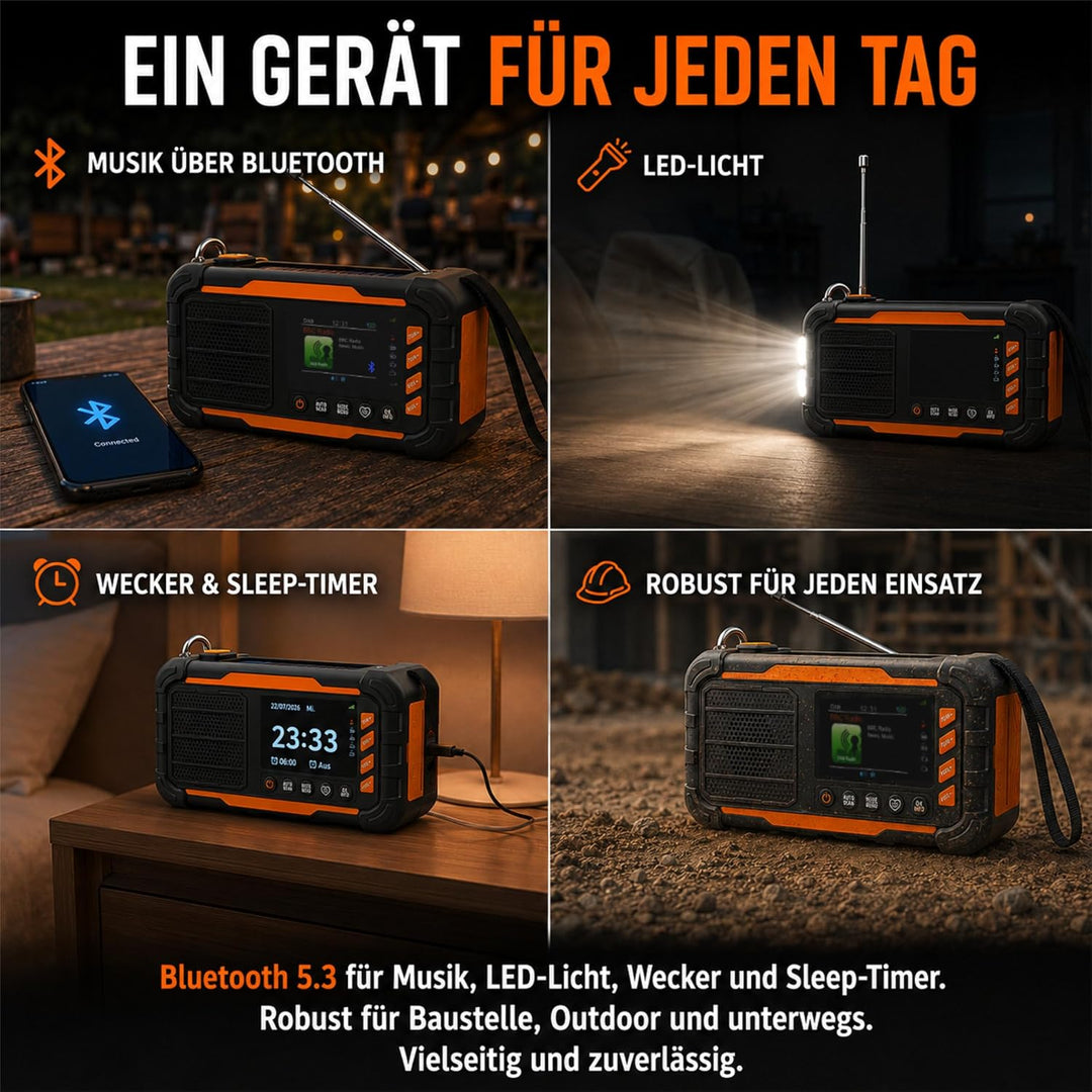 ration1 DAB+ Radio Kurbelradio Notfallradio mit Powerbank, Solar &amp; Kurbel | 10.000 mAh, 80 h Laufzei