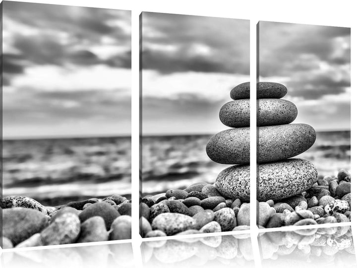Pixxprint Monocrome, Steinturm am Strand 3-Teiler Leinwandbild 120x80 Bild auf Leinwand