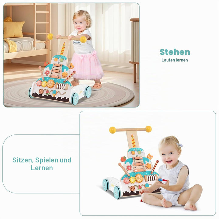 LIFEZEAL Lauflernwagen Holz, Babywalker mit 3-fach verstellbarem Griff, Fach, 4 Rädern, Multi-Aktivi
