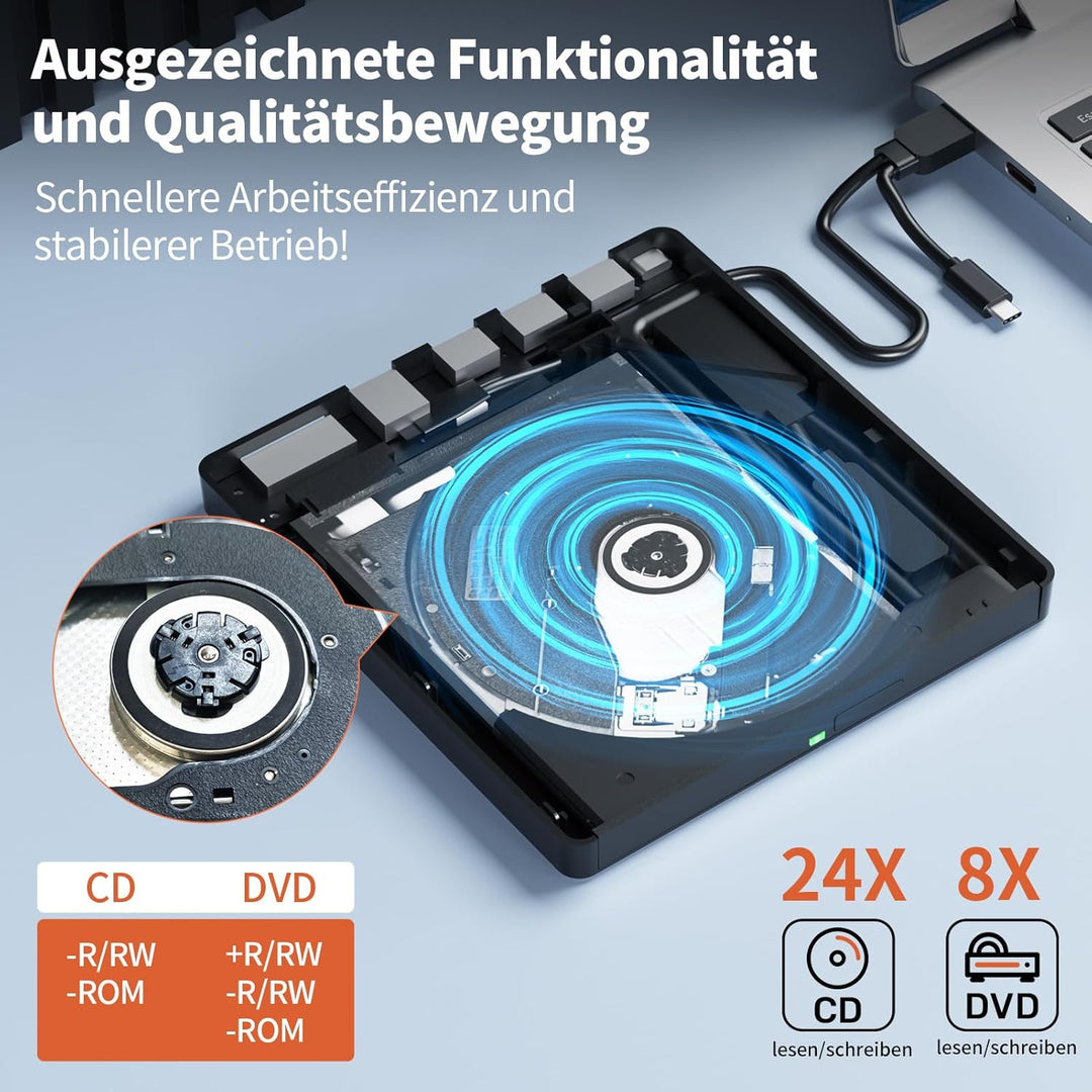 Alxum Externes DVD Laufwerk - USB 3.0 Type C CD Laufwerk extern USB mit SD/TF Kartenleser und USB An