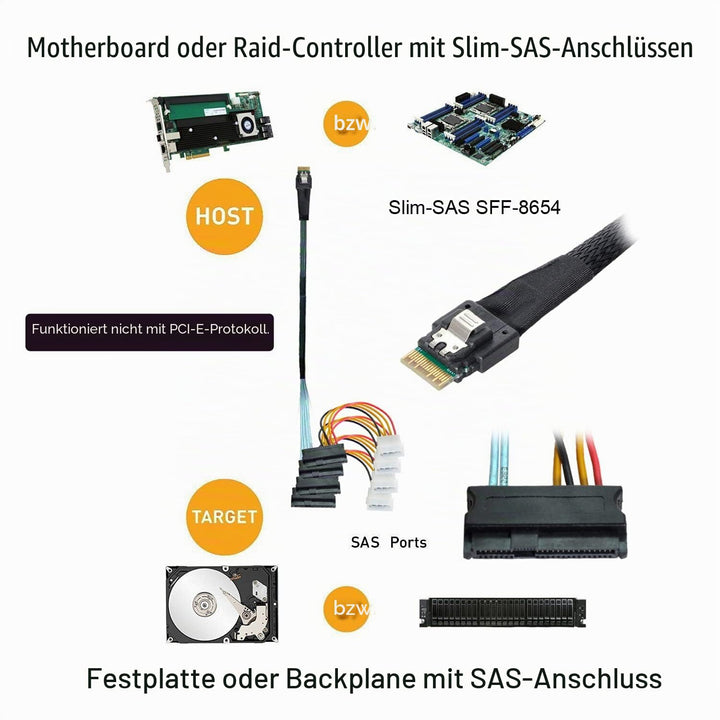 CY Slimline Cable SAS 4.0 SFF-8654 4i 38pin Host to 4 SAS 29pin SFF-8482 Target Hard Disk Fanout Rai