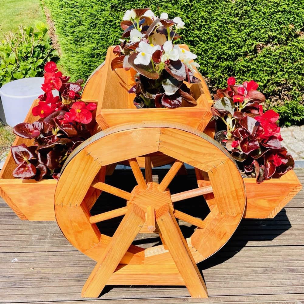 DARLUX Garten/Balkon Holz handgefertigte Blumentreppe Blumenrad 3er Blumenbank Braun Holzrad