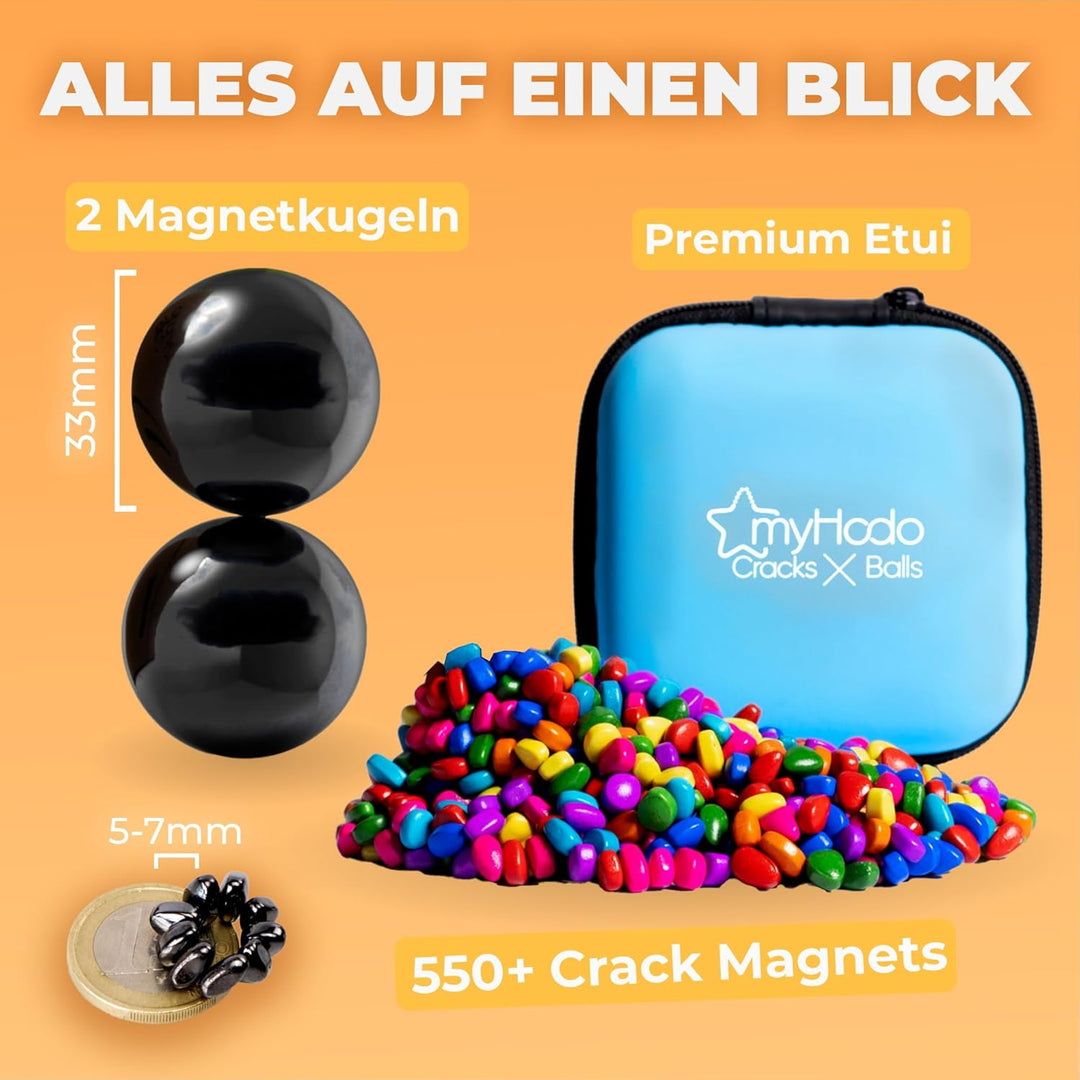 myHodo Crack Magnets Bundle | 2X Magnetkugeln (33mm) & 550+ Bunte Magnetsteine (~6mm) | Taktiles Mag