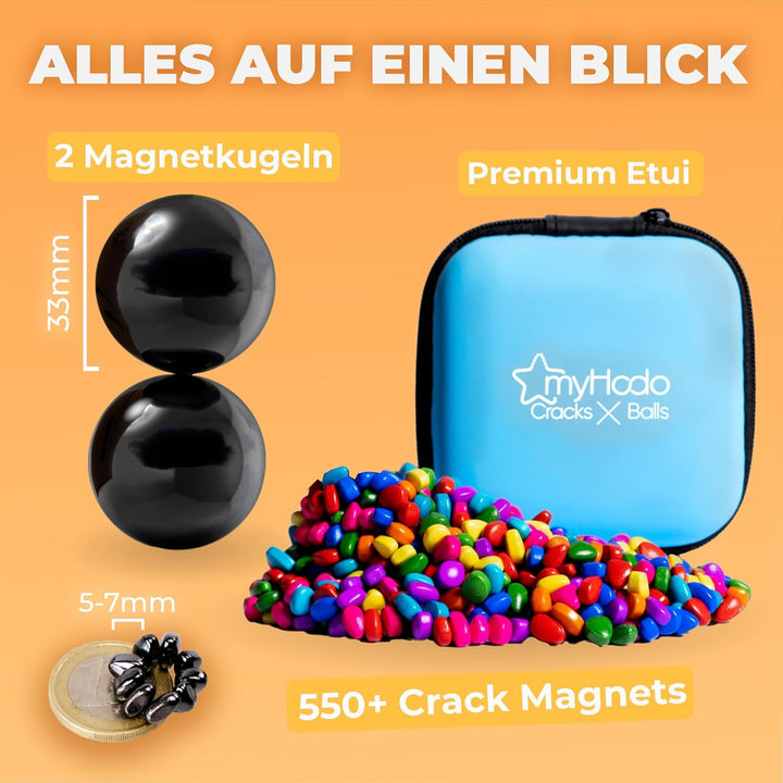 myHodo Crack Magnets Bundle | 2X Magnetkugeln (33mm) & 550+ Bunte Magnetsteine (~6mm) | Taktiles Mag