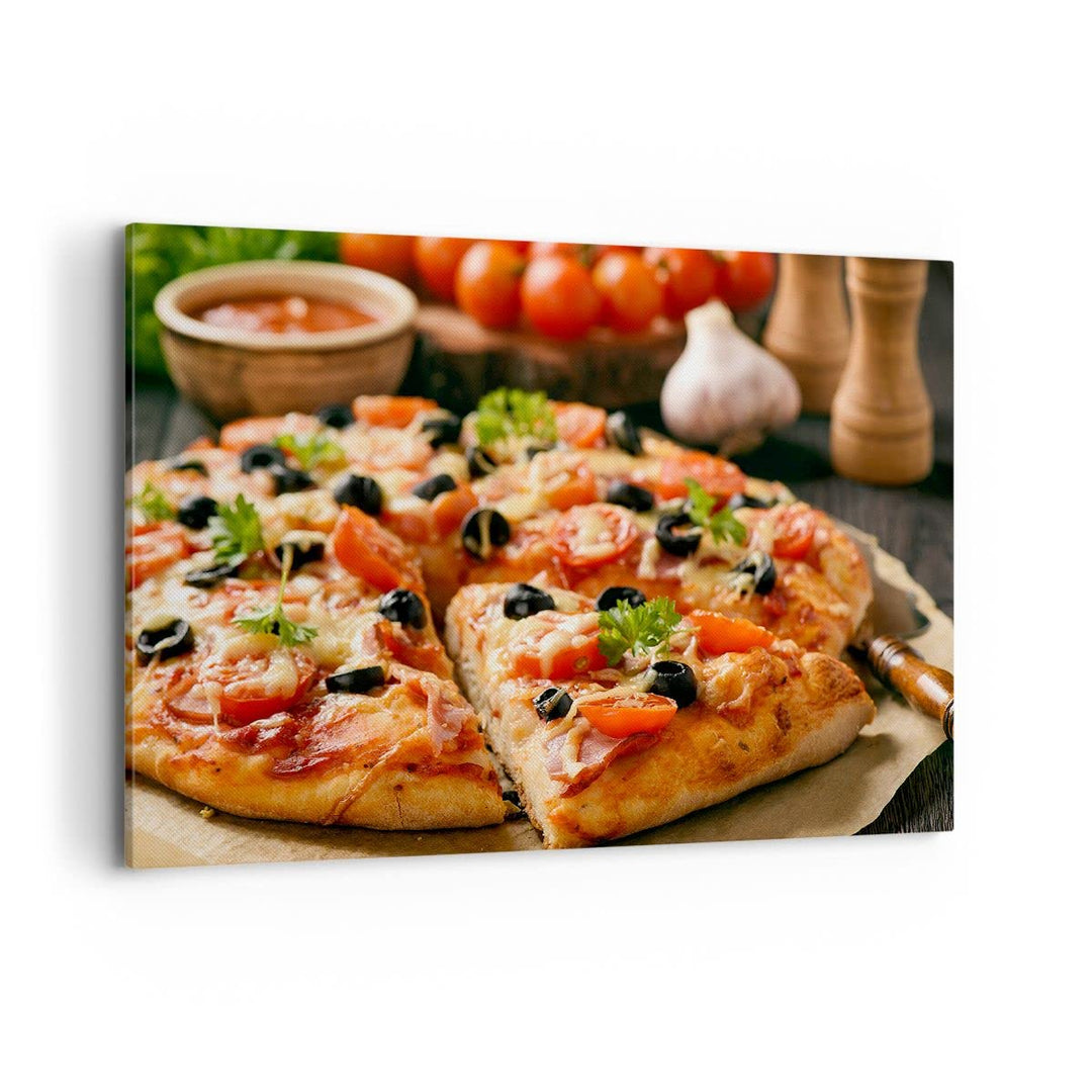 Bilder auf Leinwand 100x70cm Leinwandbild mit Rahmen Pizza Käse Tomaten Gross Wanddeko Bild Schlafzi
