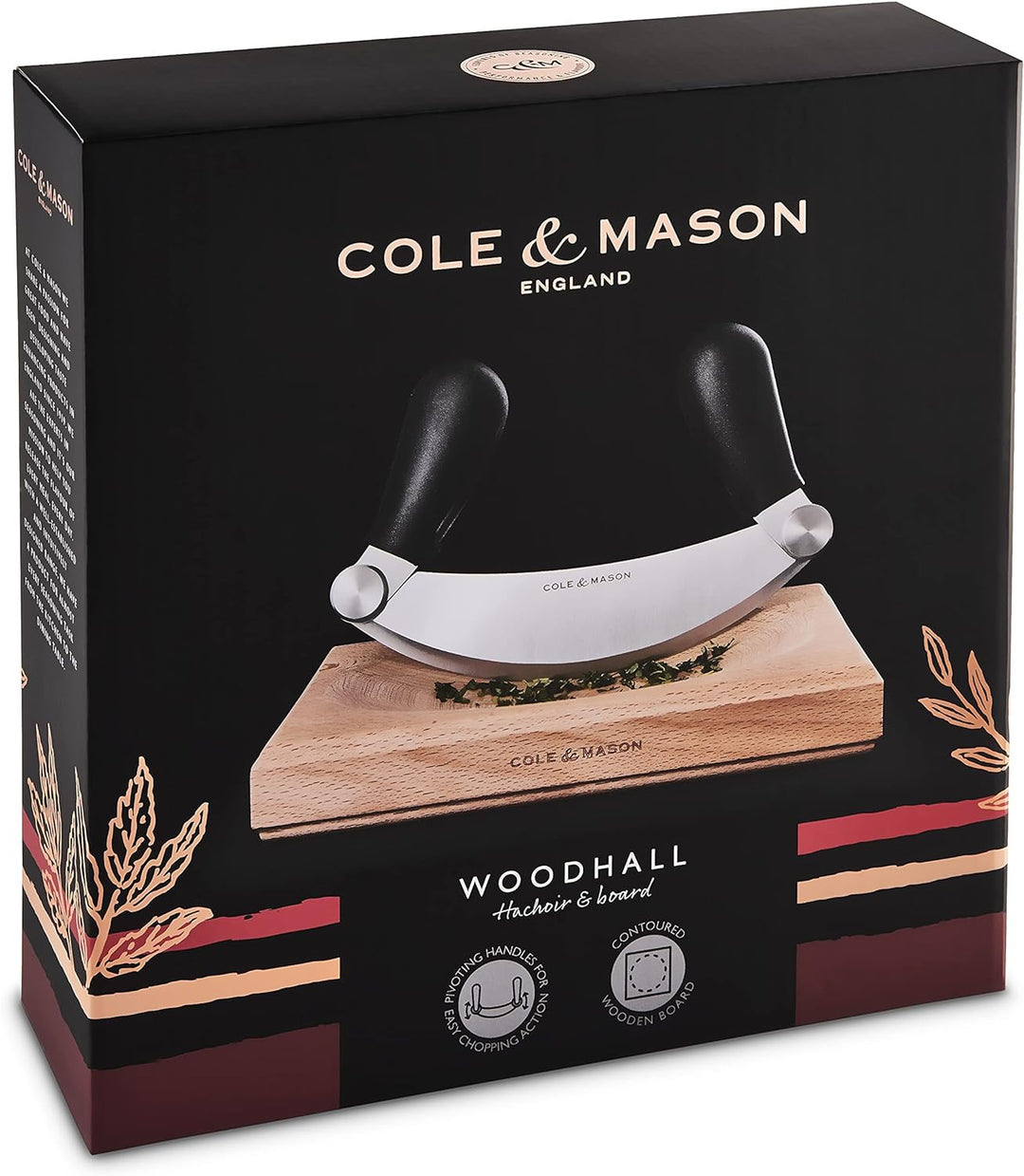 Cole & Mason H105549 Woodhall Wiegemesser und Schneidebrett, Kräuterhacker Rocker/Frischkräuterschne