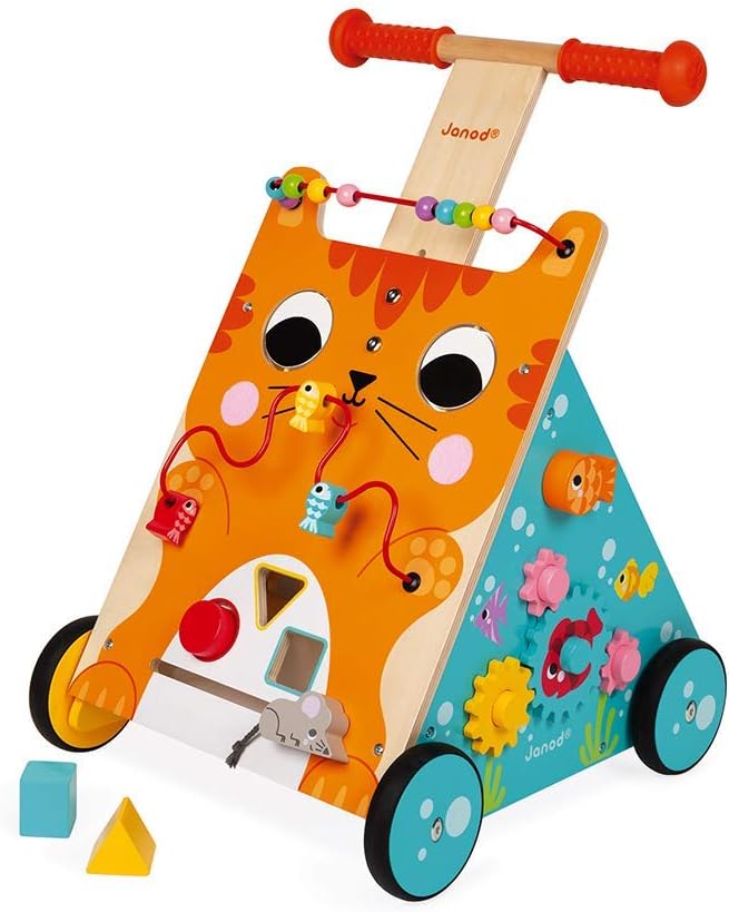 Janod Baby Lauflernhilfe ‘Katze’ - Holzspielzeug, Laufwagen für Draussen - Baby Walker mit Bremse un