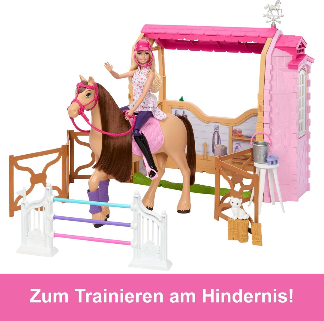 Barbie Spielzeugstall-Spielset mit Puppe, Pferd und Zubehör, mehr als 25 Teile mit 6 Spielbereichen,