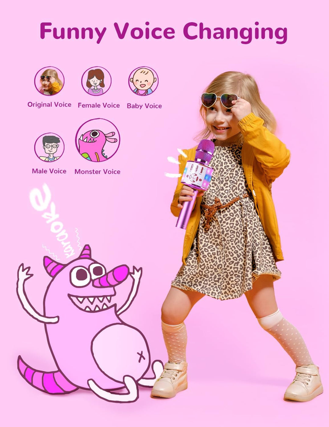 BONAOK Karaoke Kinder Mikrofon, Kinder Karaoke Bluetooth Singen Mikrofon, 4 in 1 Kabellos Effekt Mik