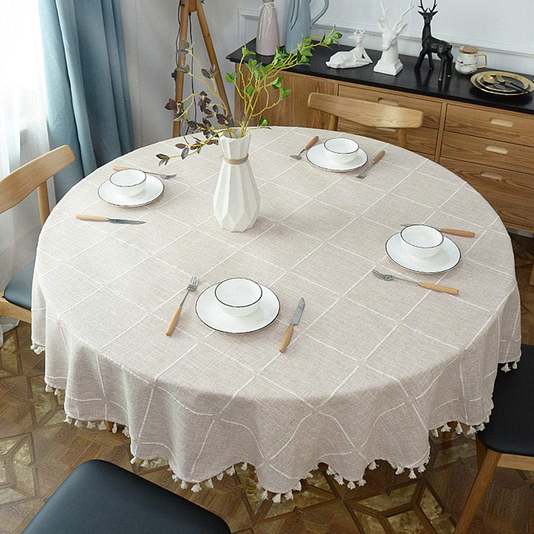 schwere Baumwolle Leinen Tischdecke, rundes, Kariertes Quaste Tischtuch für Küche Esszimmer Tischdek