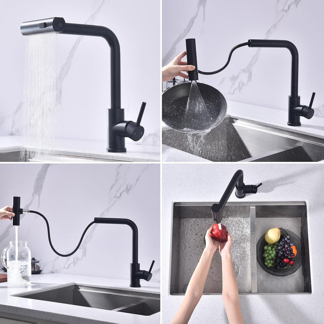 HOMELODY Wasserhahn Küche Schwarz, Küchenarmatur Ausziehbar mit 3 Strahlarten, Spültischarmatur mit