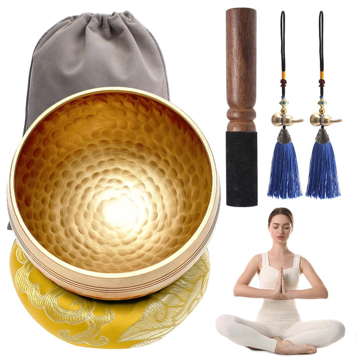 Tibetisches Klangschalen Set,Ø 13cm Meditationsklangschale, Hand gehämmert Messing Klangschale Set m