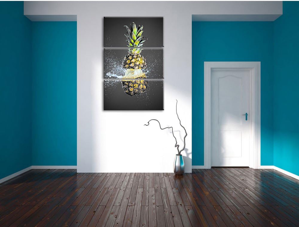 Pixxprint Ananas mit Wasser bespritzt als Leinwandbild/Grösse: 3 Teilig (120x80 cm) cm/Wandbild/Kuns