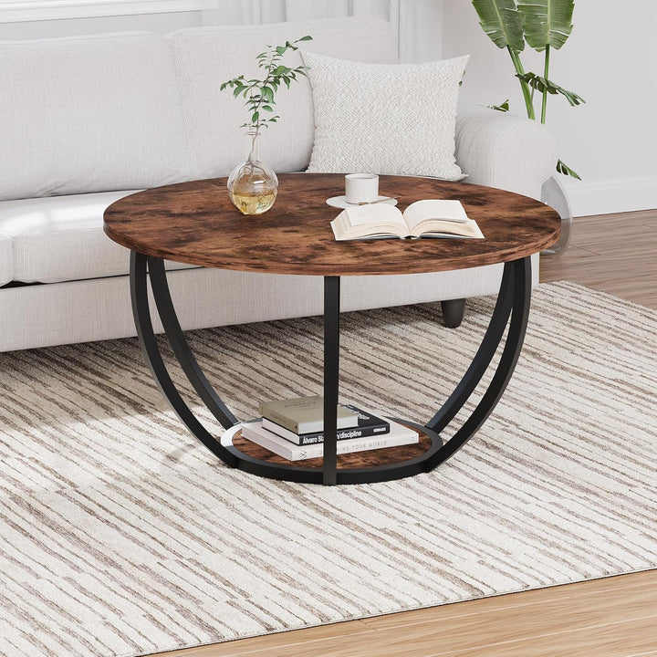 HOMERECOMMEND Round Coffee Table,Couchtisch Rund,2 stufiger Couchtisch mit Lagerung Regale,Wohnzimme